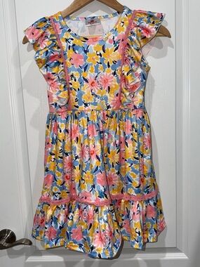 Girls' Floral Ruffle Casual Dress - Pink, Yellow & Blue